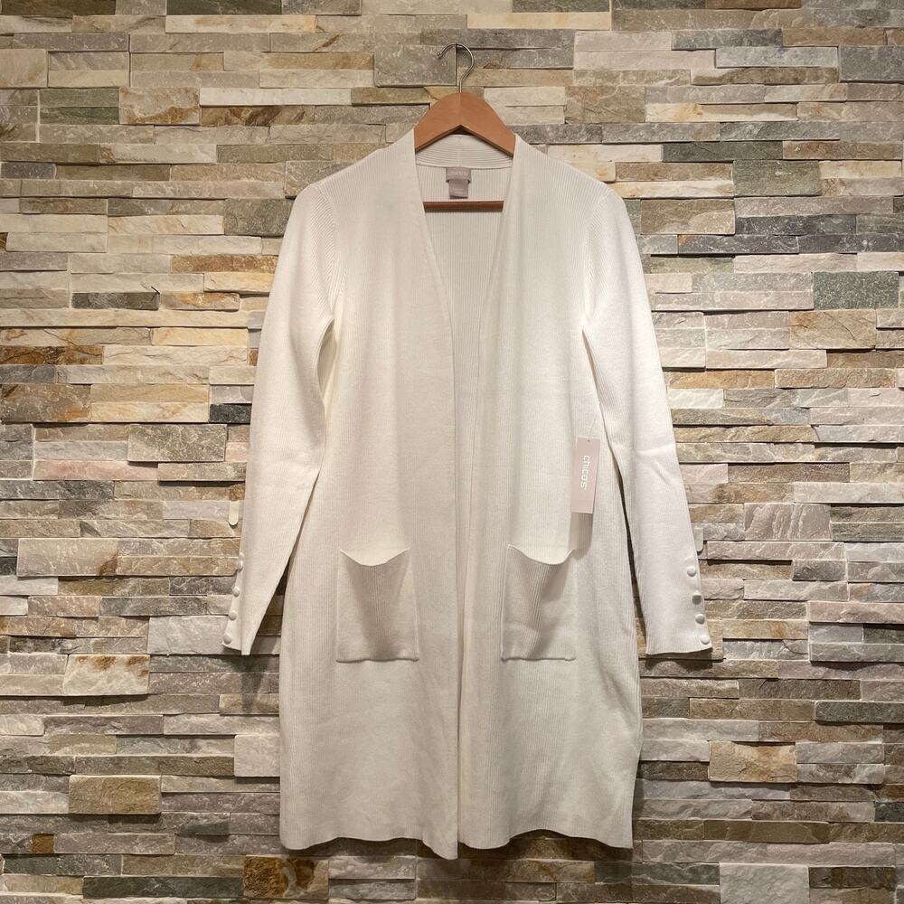 Chico’s M 8-10 White Cardigan Sweater | Ribbed Knit, Pockets, Button Cuffs NWT